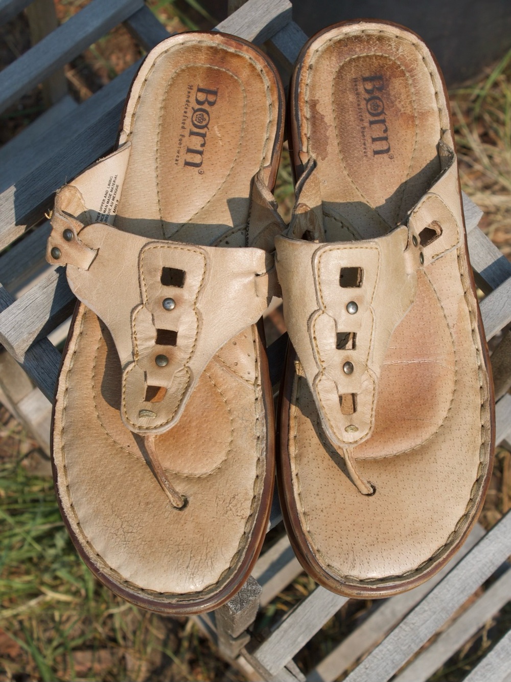 Born Tan Leather Thong Sandals with Stud Accents